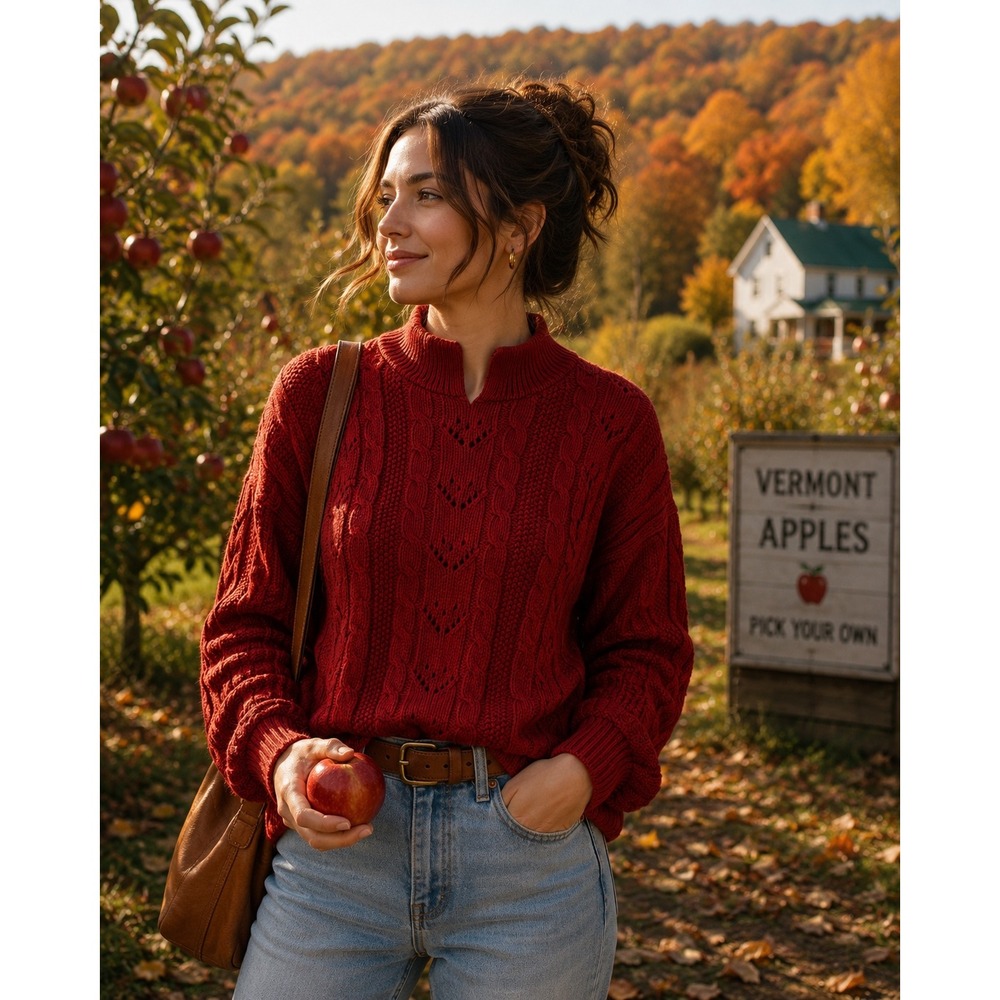 Vtg Outback Red Sweater Womens Medium Red Cable Knit Pointelle Split Neck